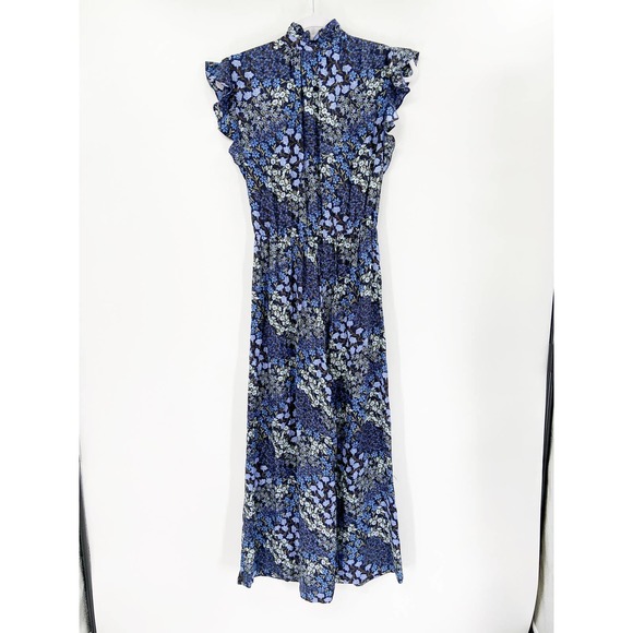 Rebecca Taylor Ava Silk Navy Blue Floral Print Crop Wide Leg Jumpsuit Size 2 - Picture 4 of 8